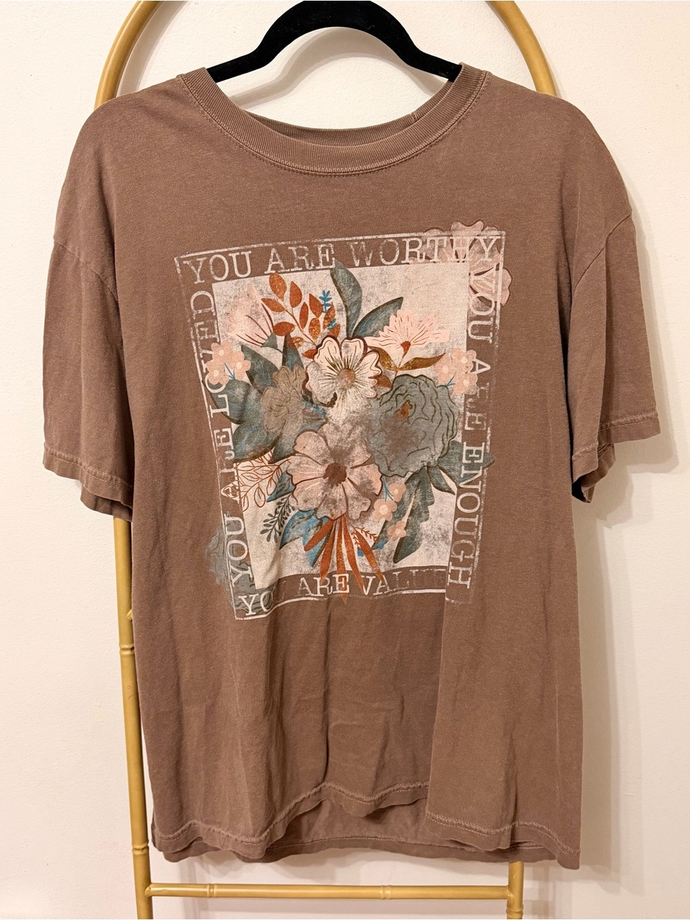Floral Graphic Tee - Brown with Teal & Peach Accents